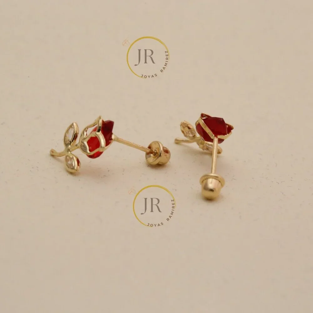 14K Solid Yellow Gold Red Tulip Stud Earrings • Floral Elegance & Passion. - Picture 5 of 11